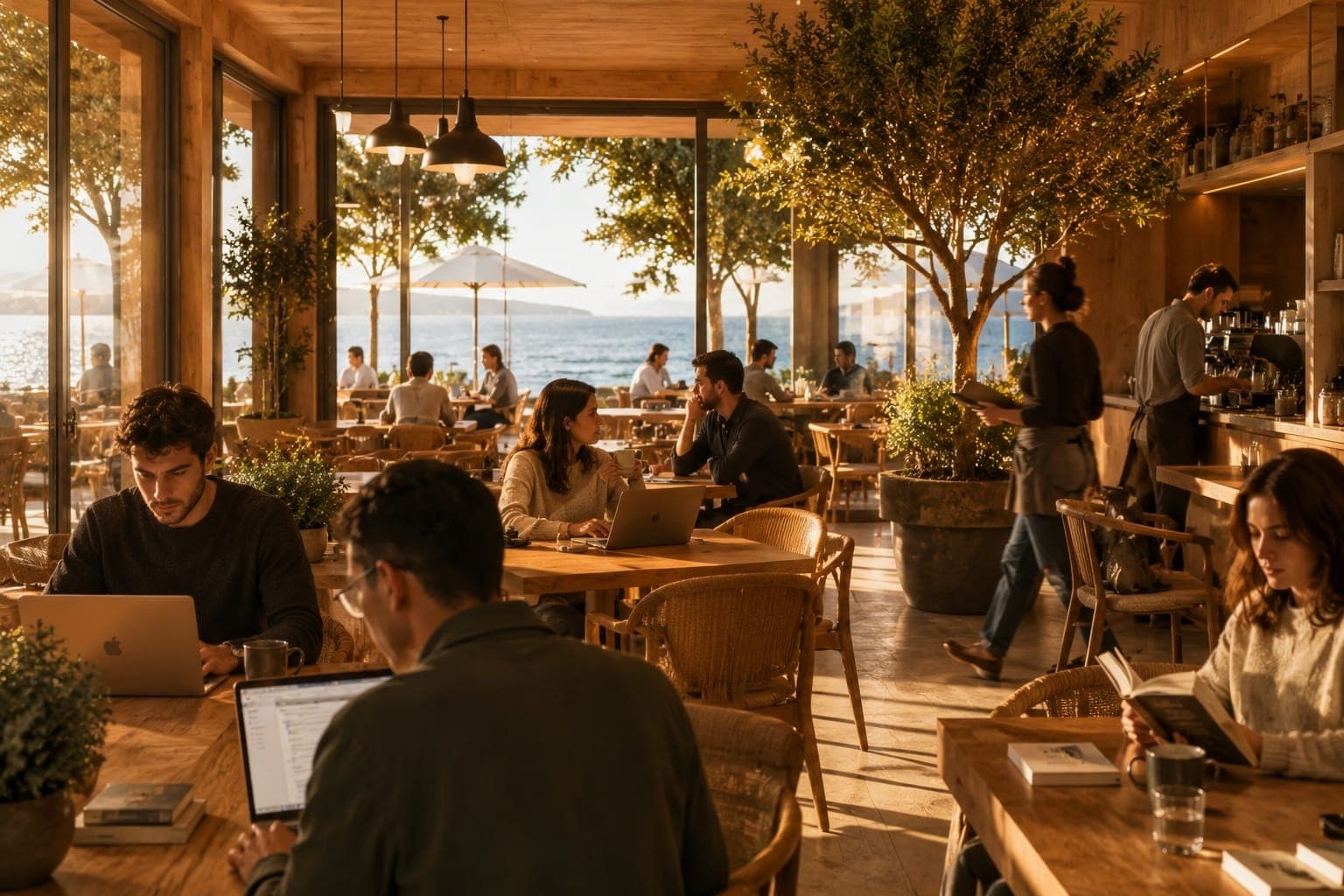 Des entrepreneurs qui travaillent et discutent dans un café en bord de mer