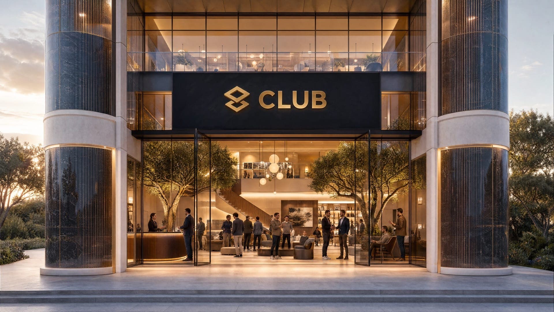 Illustration : des entrepreneurs se retrouvent et discutent à l’entrée du Club, sur l’île Blitz