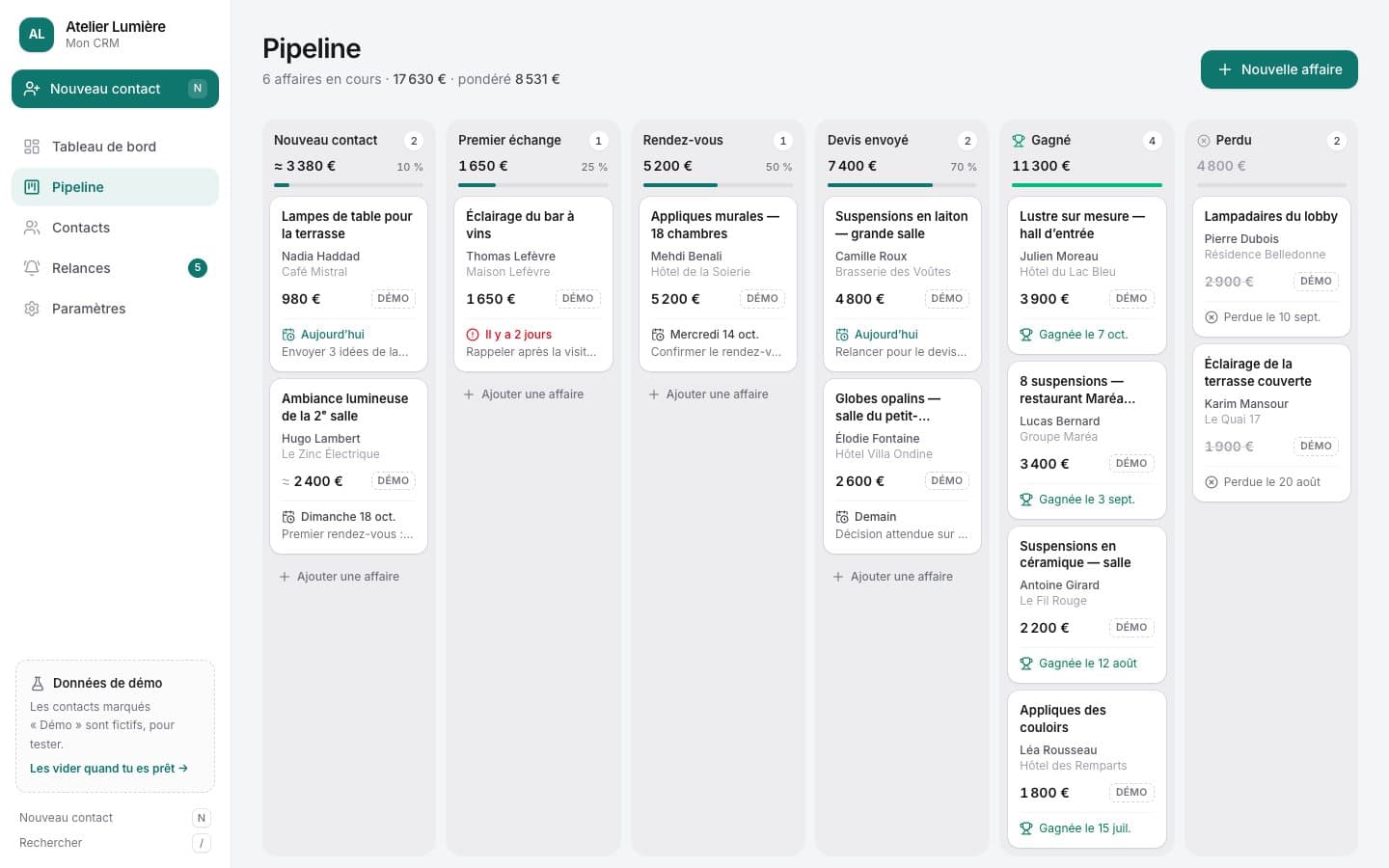 Capture d’un CRM construit avec Claude dans l’Academy : un pipeline en colonnes, de « Nouveau contact » à « Gagné », rempli de données de démonstration