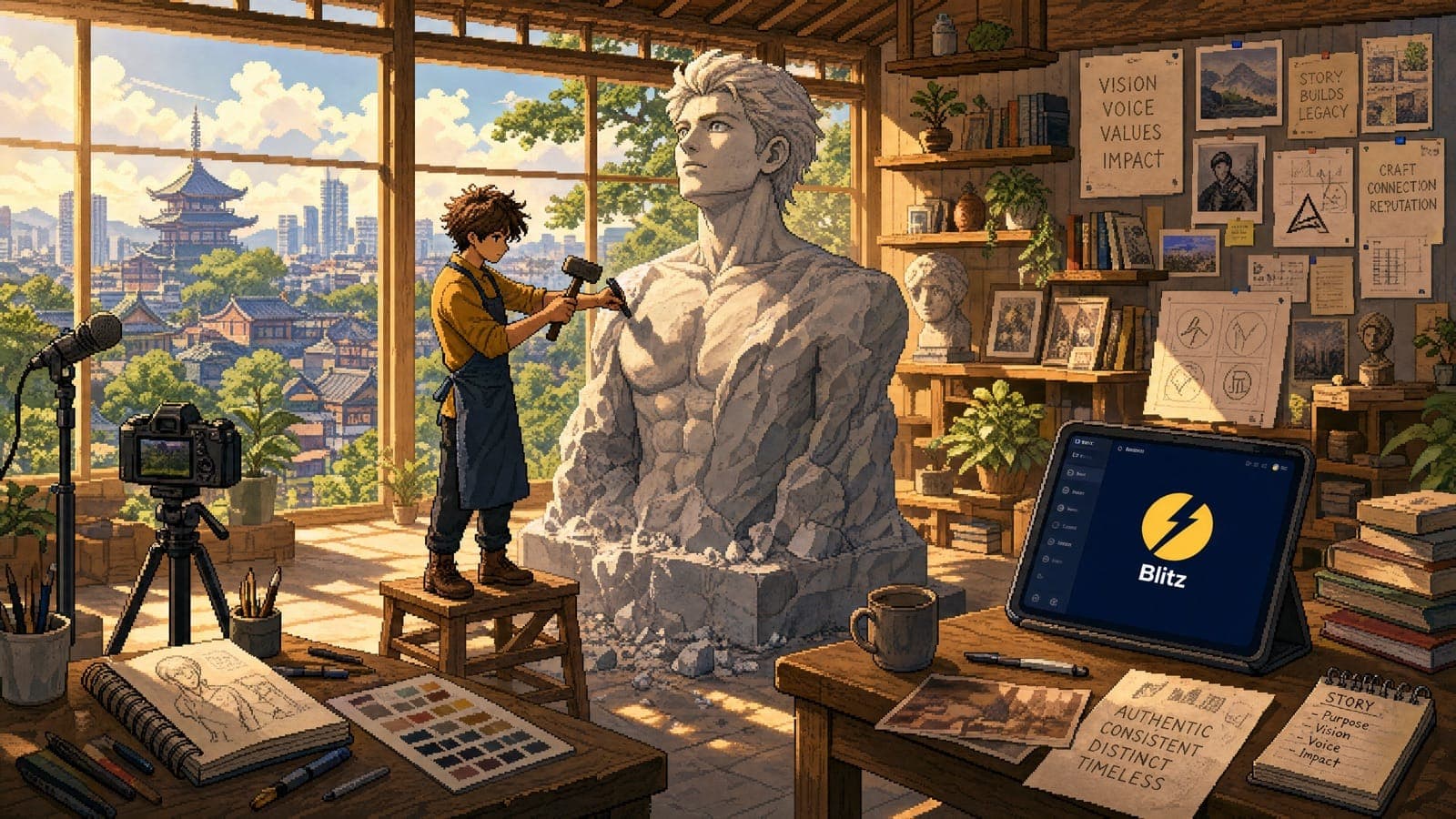 Illustration : dans son atelier, un créateur sculpte une grande statue à côté d’une tablette Blitz, image d’une réputation qui se construit