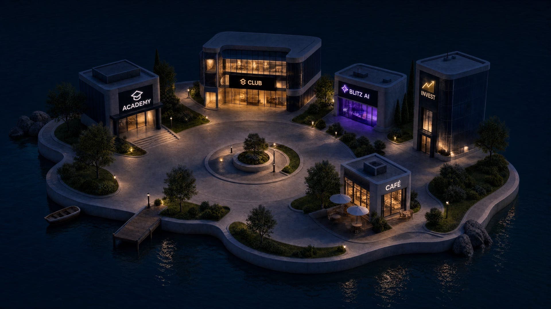 L’île de Blitz de nuit, avec la tour Invest éclairée à côté de Blitz AI et du Café