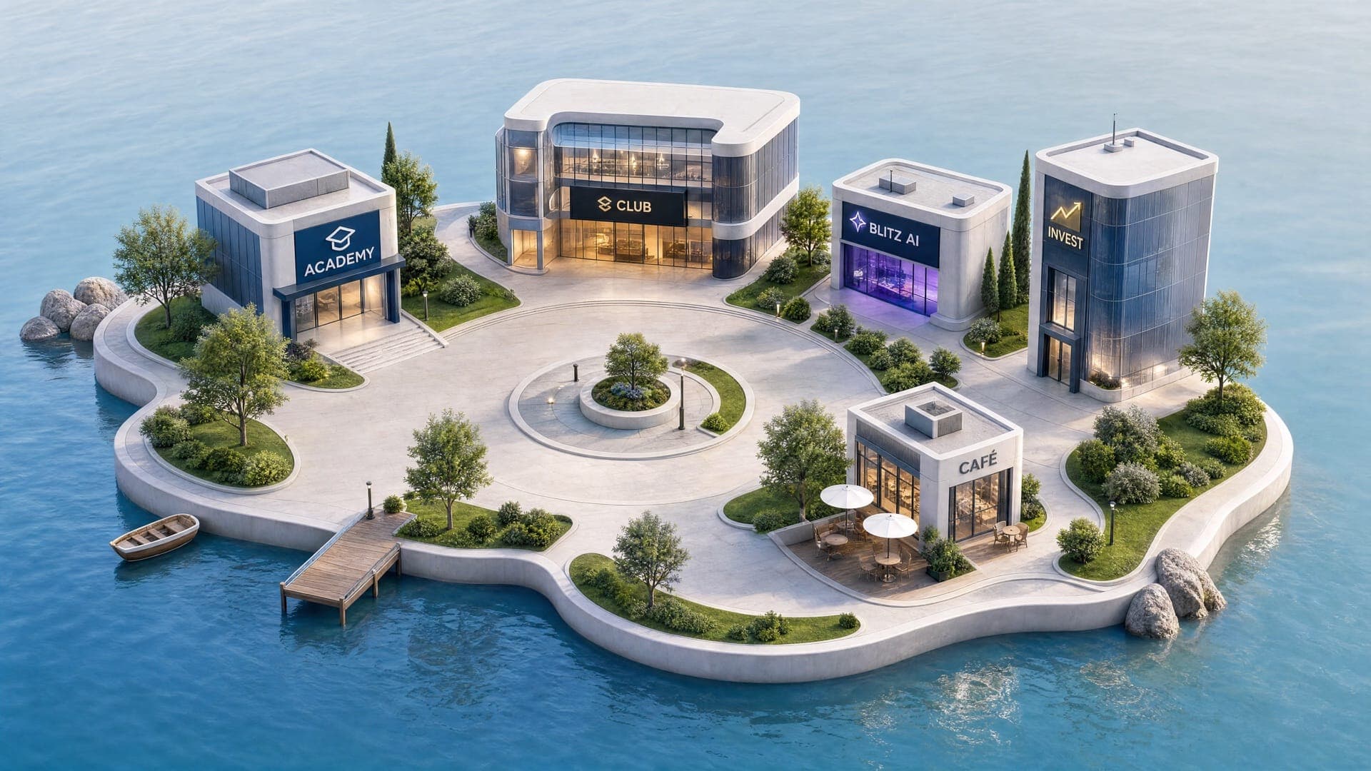 L’île de Blitz vue du ciel : l’Academy, le Club, Blitz AI, Blitz Invest et le Café autour d’une place