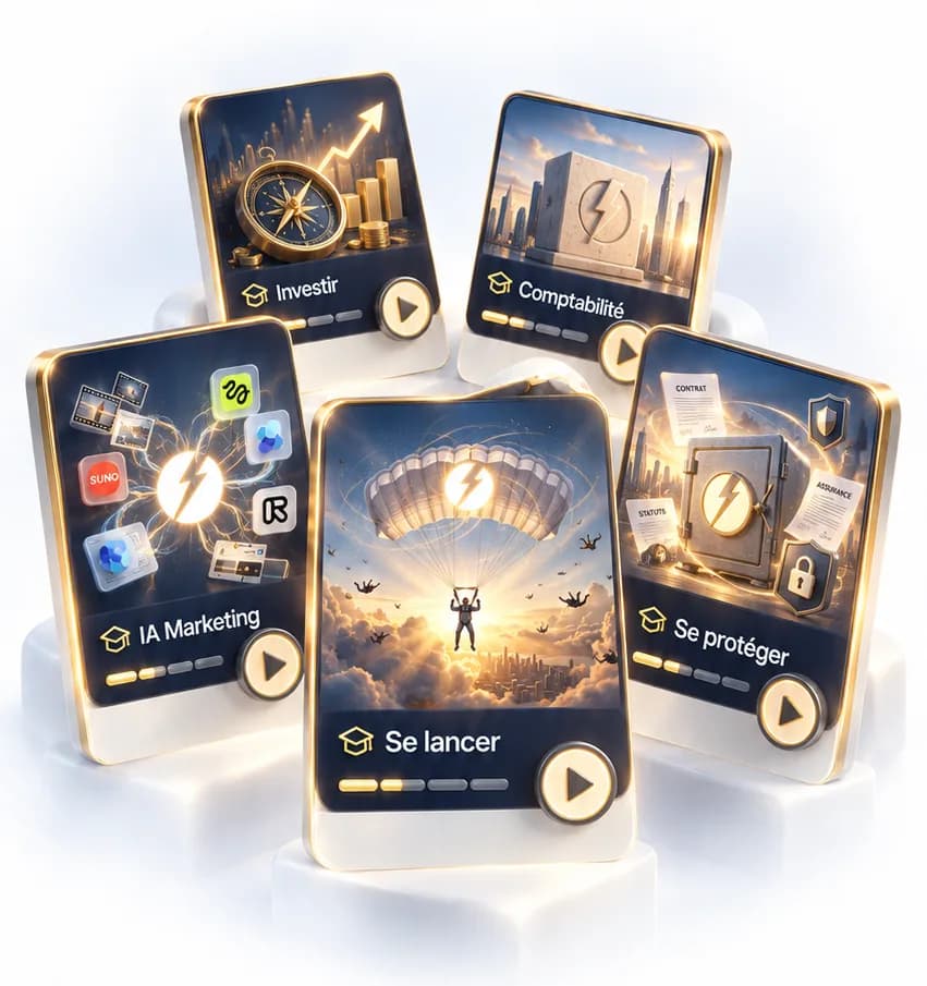 Les cartes des parcours de l’Academy : Se lancer, IA Marketing, Comptabilité, Se protéger et Investir