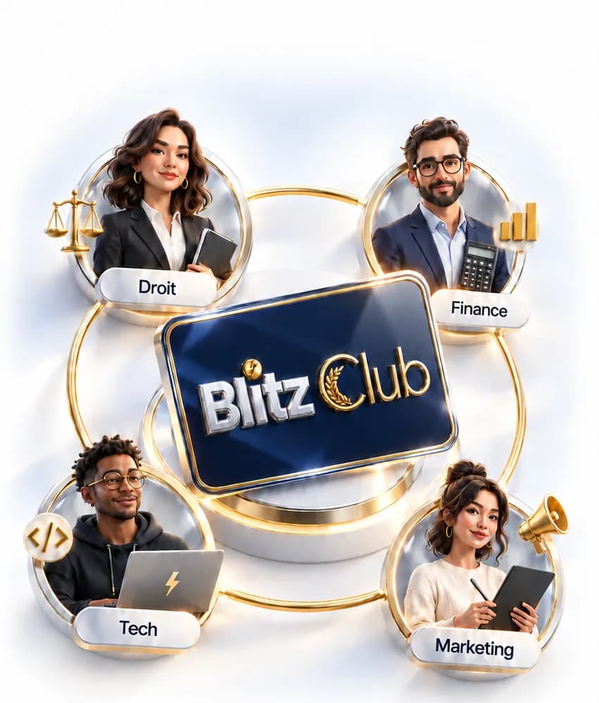 Des membres du Blitz Club autour de son logo : droit, finance, tech et marketing